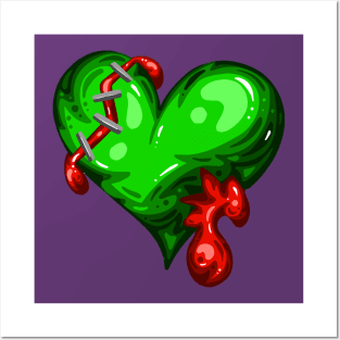 Green Dead Zombie Heart Cartoon Illustration with Blood and for Valentines Day or Halloween Posters and Art